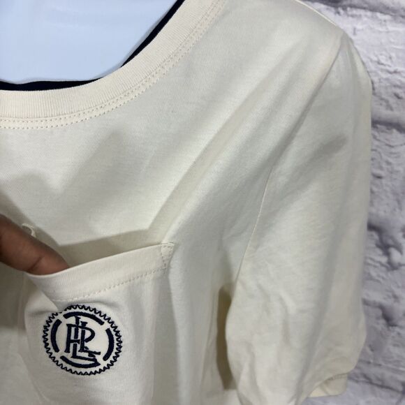 Lauren Active Ralph Lauren Crop Top Womens 1X Cream Cotton Raw Hem Pocket Logo T - Picture 5 of 13